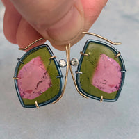 Watermelon Tourmaline Earrings with Diamond and Spinel